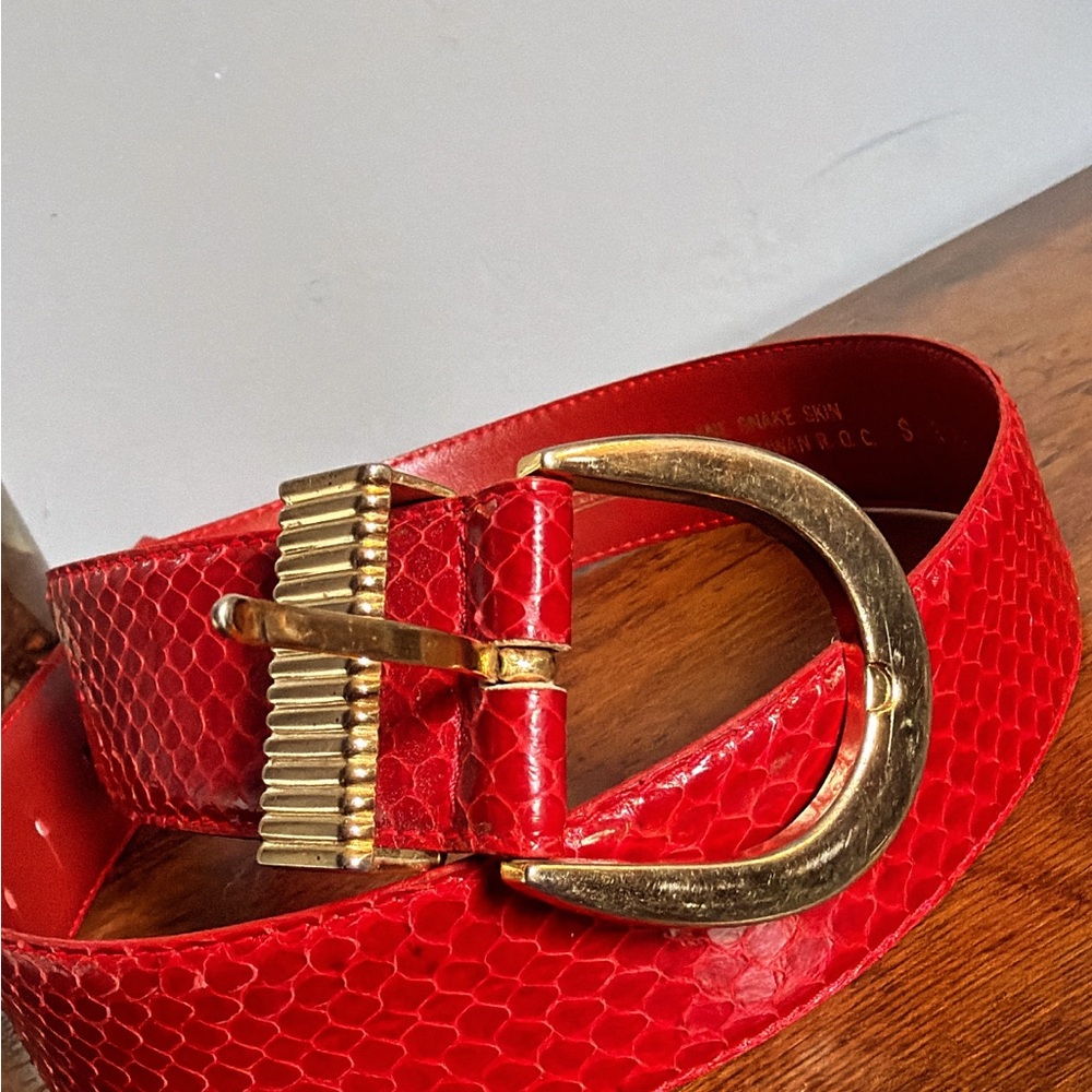 Vintage Genuine Snakeskin Statement Belt, Red Exotic Leather w/ Gold Hardware-S